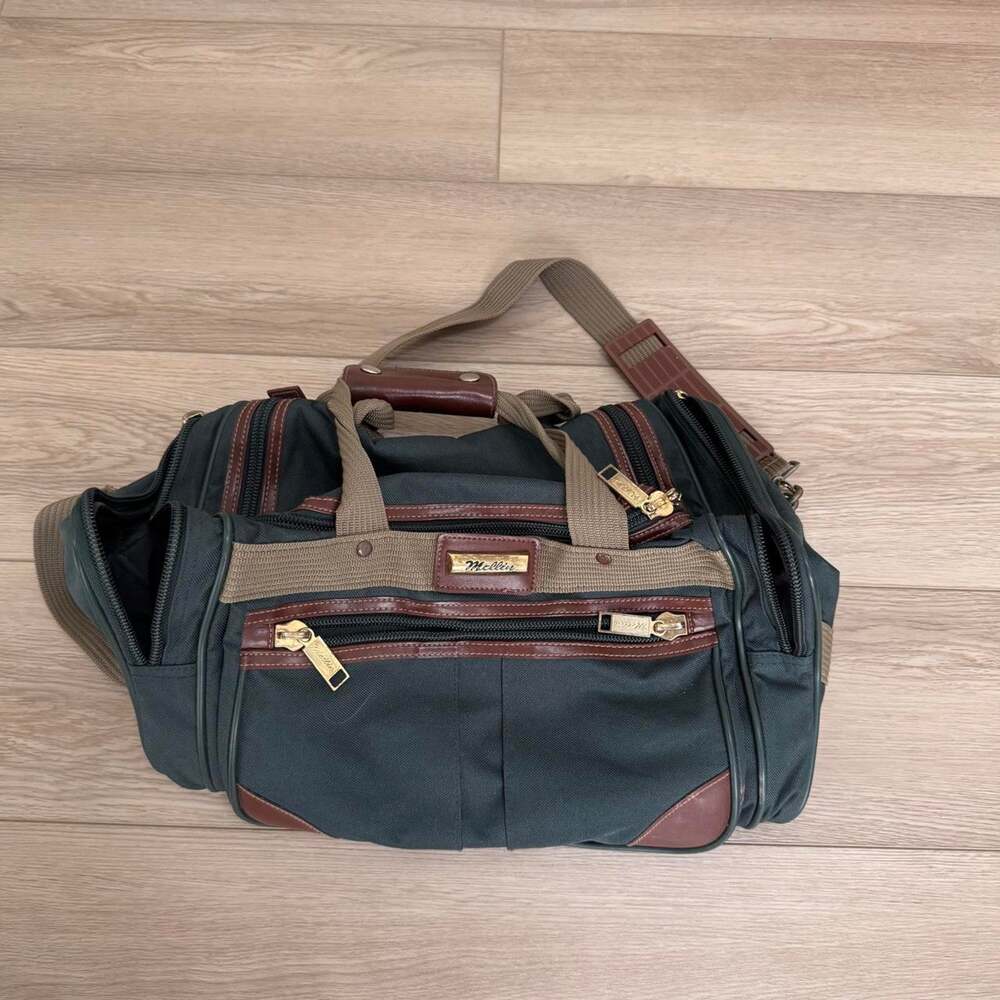 Mellin Forest Green Duffel Travel Bag Brown Trim